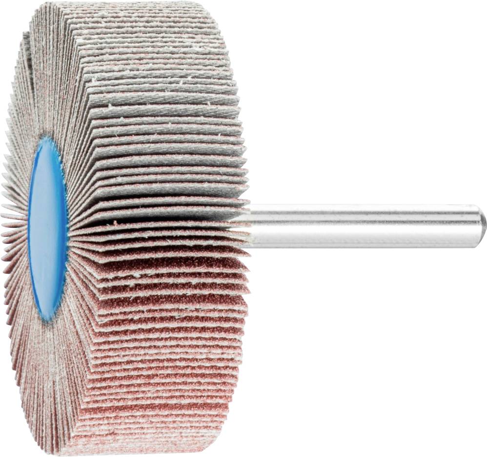 Lamelle abrasive avec poignée, vue de côté, composée de nombreux disques abrasifs stratifiés, disposés en éventail sur un axe.