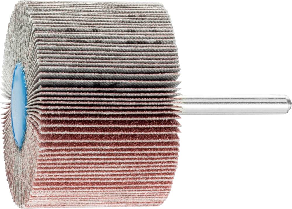 Un embout de meulage cylindrique avec des disques à lamelles et un mandrin métallique, fabriqué en matériau abrasif, principalement utilisé pour le ponçage.