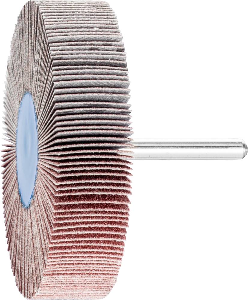 Une lamelle de meulage avec des lamelles rotatives en papier abrasif, montée sur une tige, devant un fond blanc.