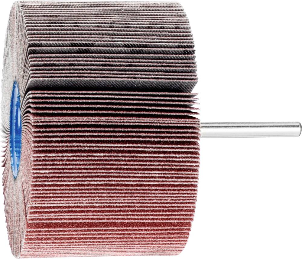 Rouleau de ponçage composé de nombreuses couches de papier abrasif rouge autour d'un axe central. Utilisable pour le traitement de surface de différents matériaux.