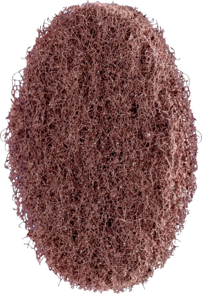 Un tampon de nettoyage ovale, rouge-brun, grossier, avec une surface texturée, ressemblant à une éponge à récurer de cuisine.