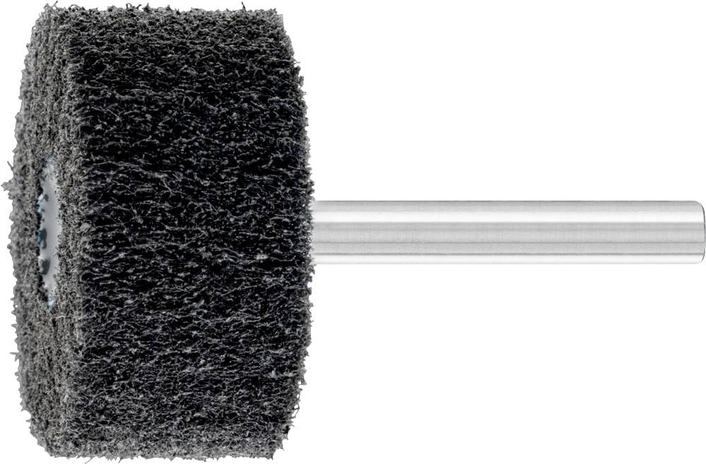 Rouleau de meulage recouvert de matériau abrasif noir sur une tige métallique, utilisé pour polir ou poncer des surfaces.