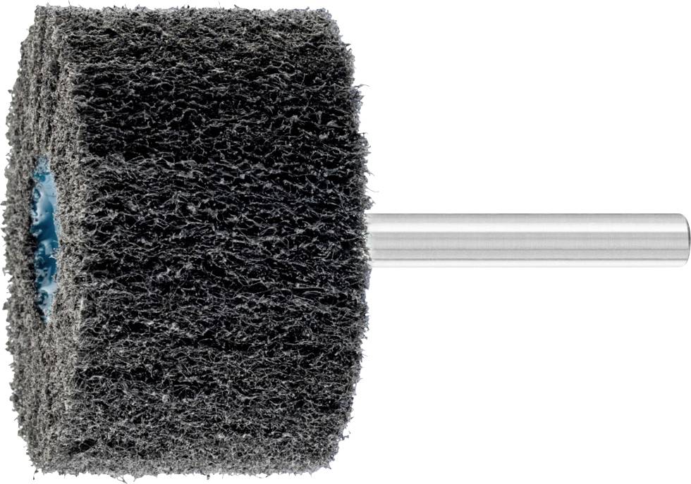 Rouleau abrasif avec voile abrasif gris et tige métallique argentée, adapté pour le traitement de surface dans les applications artisanales et industrielles.