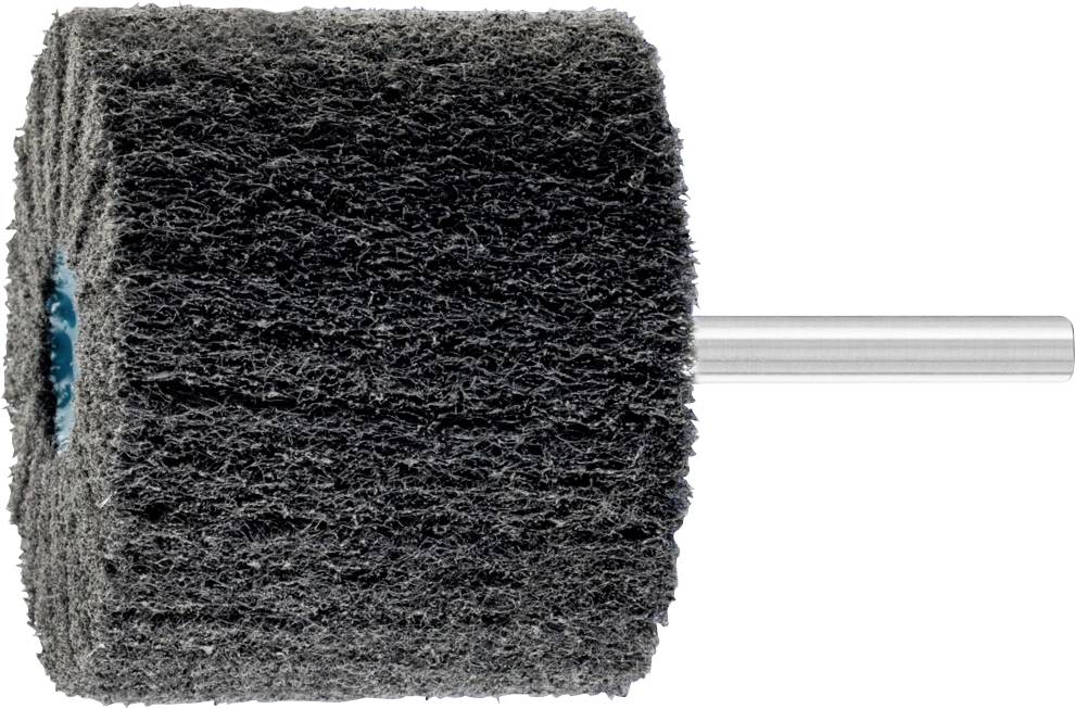 Une éponge abrasive noire avec manche métallique, utilisée pour polir ou lisser des surfaces dans les travaux artisanaux et de construction.
