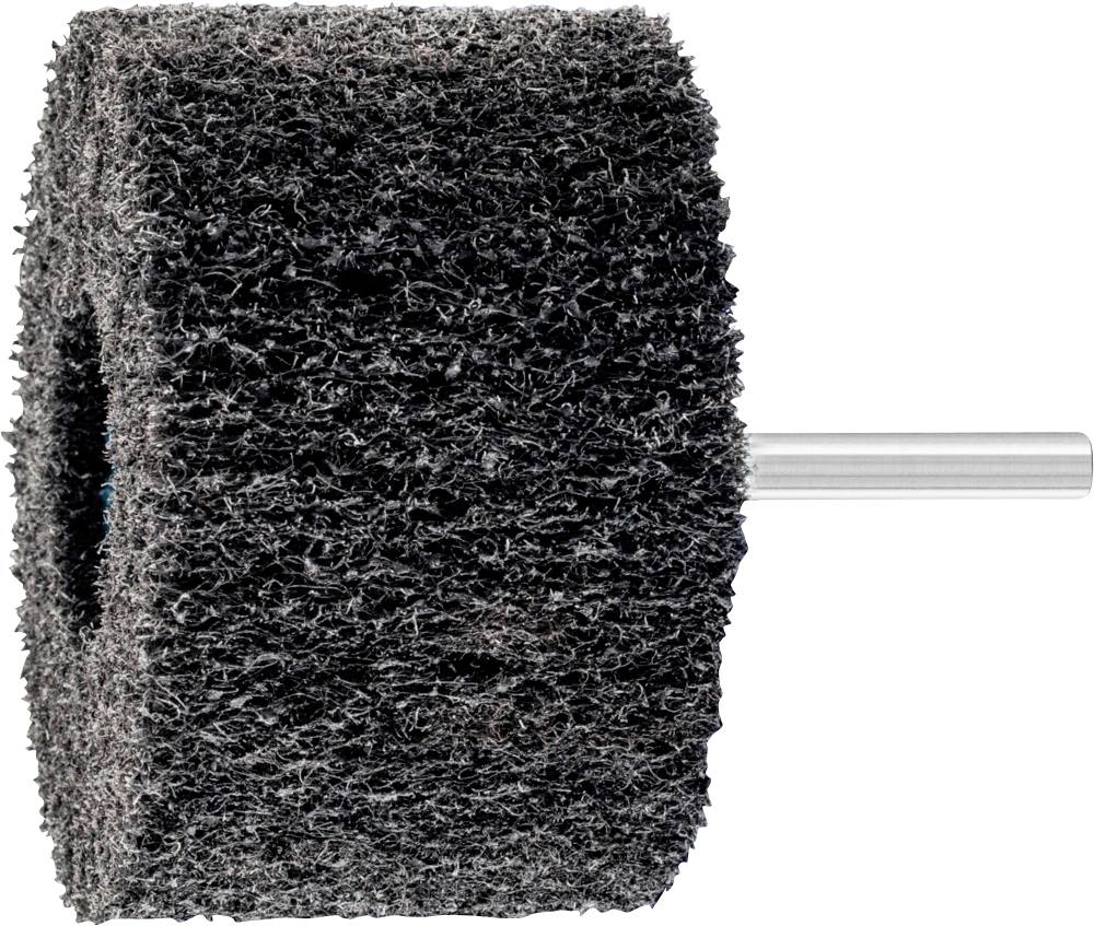 Grande brosse abrasive avec tige métallique au centre, adaptée pour le traitement de surface.