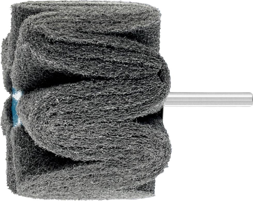 Une meule abrasive grise en laine d'acier avec tige métallique, pour polir et poncer des surfaces.