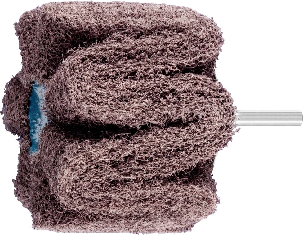 Support abrasif brun en forme de rouleau avec un noyau bleu et une tige métallique, utilisé pour le traitement de surface et le polissage.