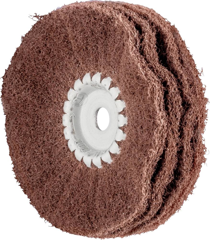 Disque abrasif brun avec des fibres radiales, centré sur un fond blanc.