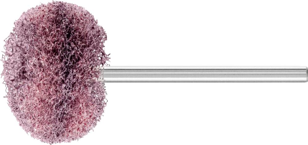 Une tête d'éponge ronde rose sur une tige métallique. L'éponge présente une structure dense et pelucheuse.