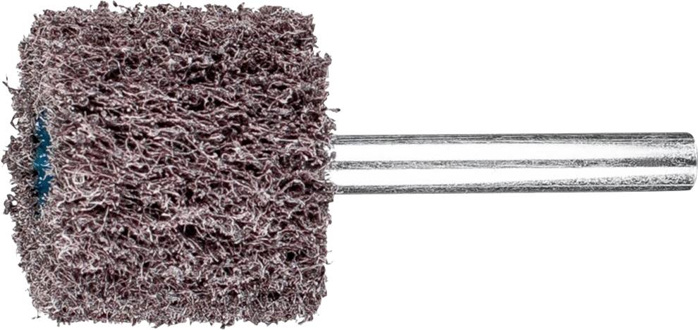 Un embout de brosse cylindrique rotative avec un matériau de brosse dense de couleur brune, monté sur une tige métallique pour outils électriques.