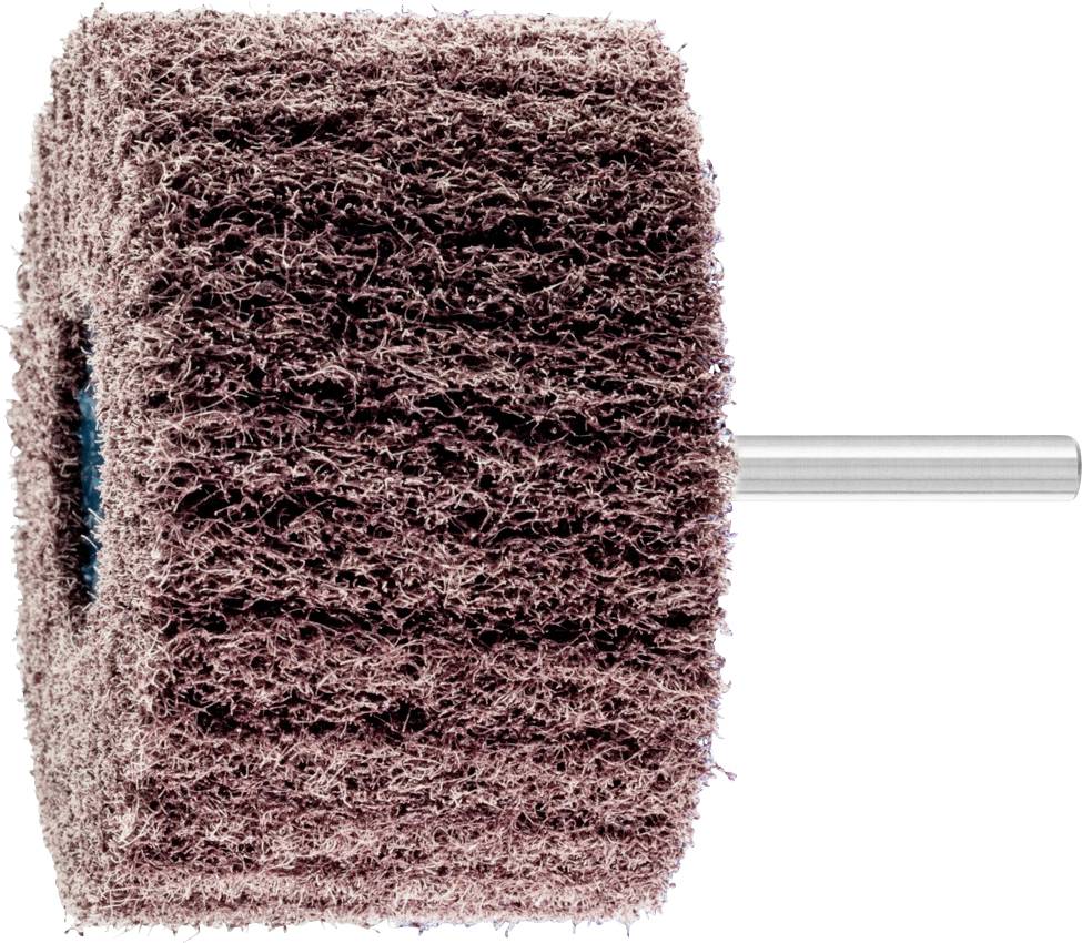 Gros plan d'une brosse abrasive avec des poils râpeux et une tige en métal argenté en son centre, sur un fond blanc.