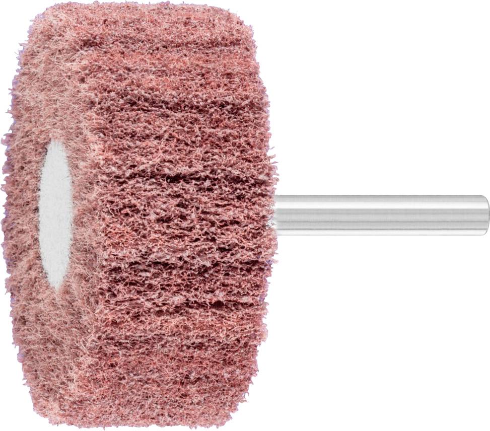 Un disque abrasif rouge en non-tissé, de forme cylindrique, monté sur une tige métallique, destiné aux travaux de polissage et de finition de surface.