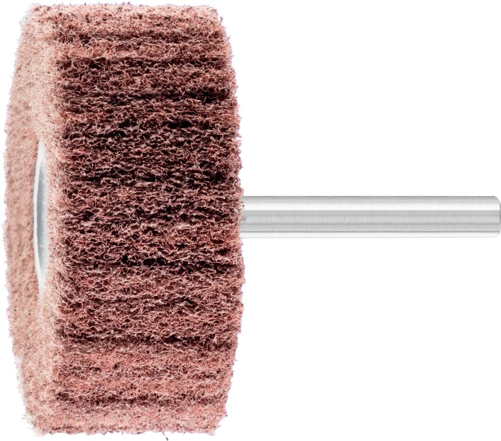 Accessoire de meulage avec une tête de brosse ronde et brune et une longue poignée argentée, utilisé pour polir et poncer des surfaces.