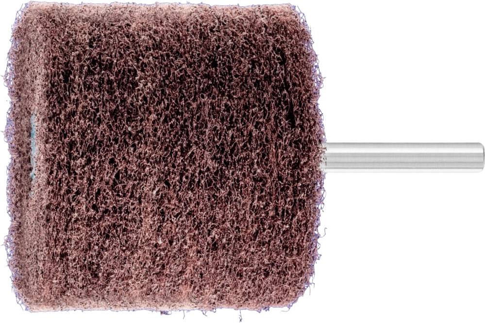 Gros plan d'un embout de meulage cylindrique à surface texturée brune, fixé sur une tige argentée, sur un fond blanc.