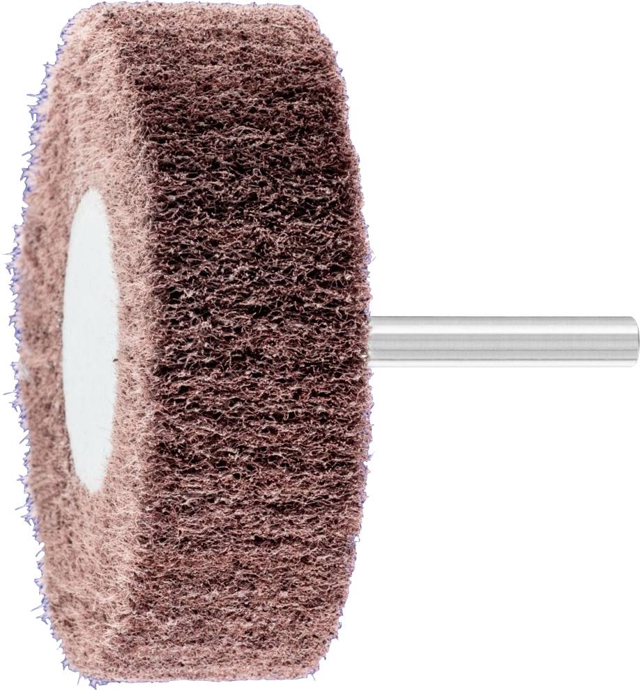 Disque abrasif en non-tissé avec mandrin, marron, vue latérale ; utilisé pour le ponçage fin, le polissage et le décapage des surfaces métalliques.