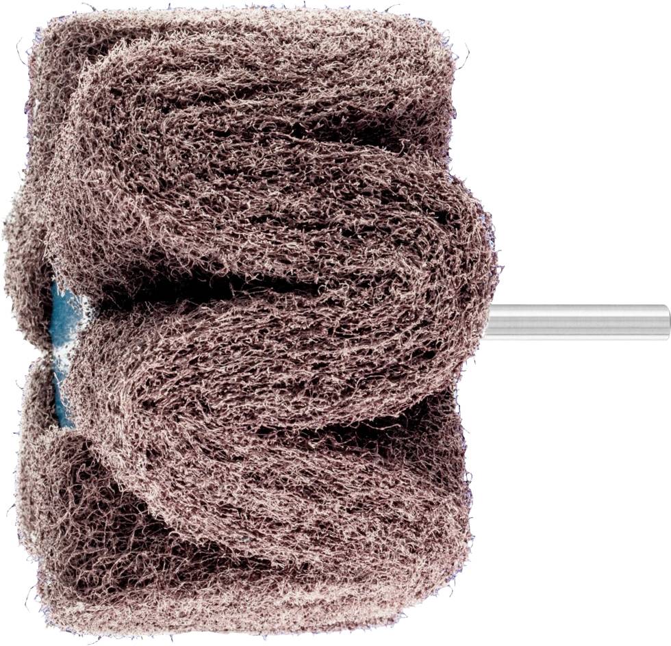 Disque de meulage cylindrique en feutre abrasif brun clair, monté sur une tige métallique, sur fond blanc.