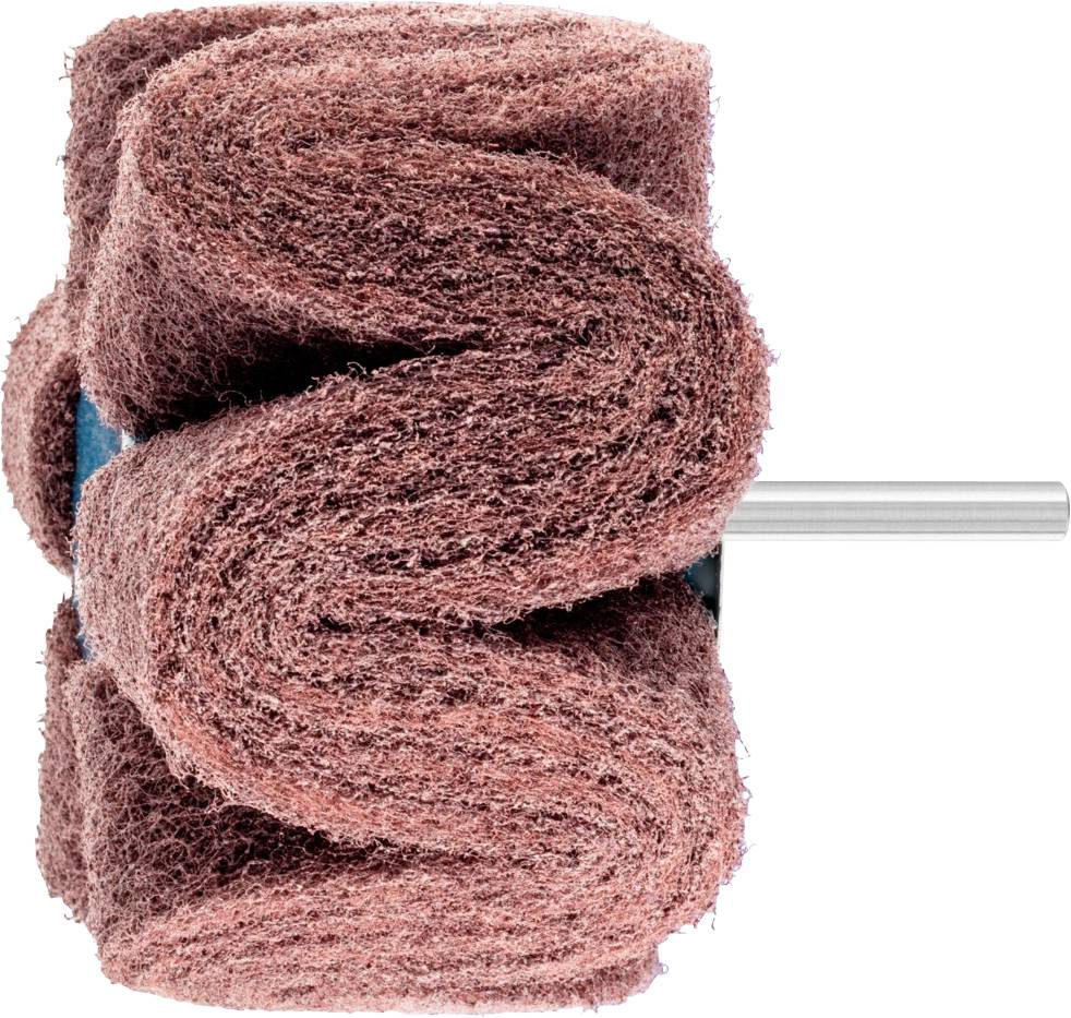 Gros plan d'un disque abrasif brun avec une tige métallique en son centre, adapté pour polir ou poncer des surfaces.