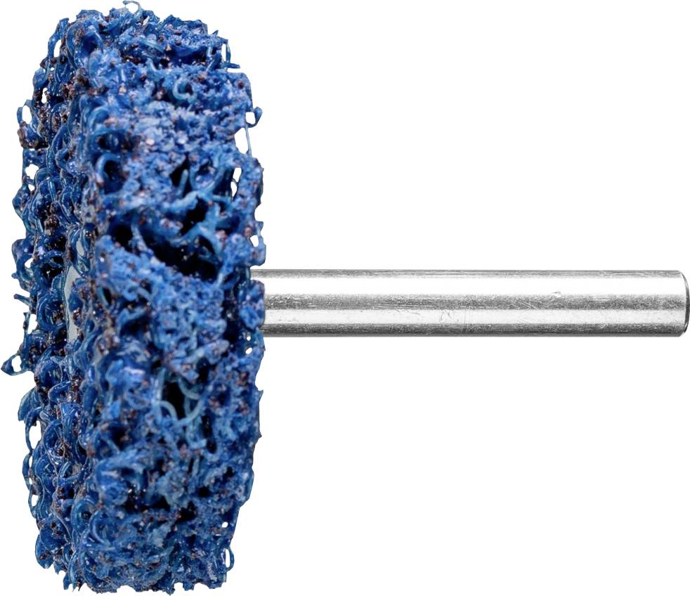Un outil de ponçage bleu avec un manche en métal, utilisé pour le traitement de surface dans l'atelier.