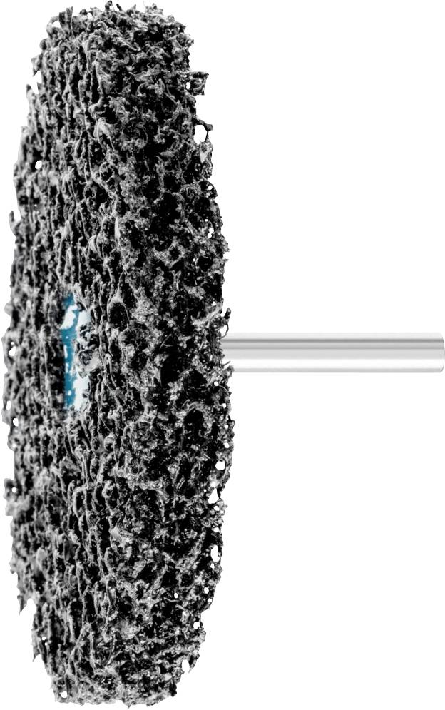 Un conditionneur de meulage noir avec une surface texturée ronde et une tige métallique servant de fixation.