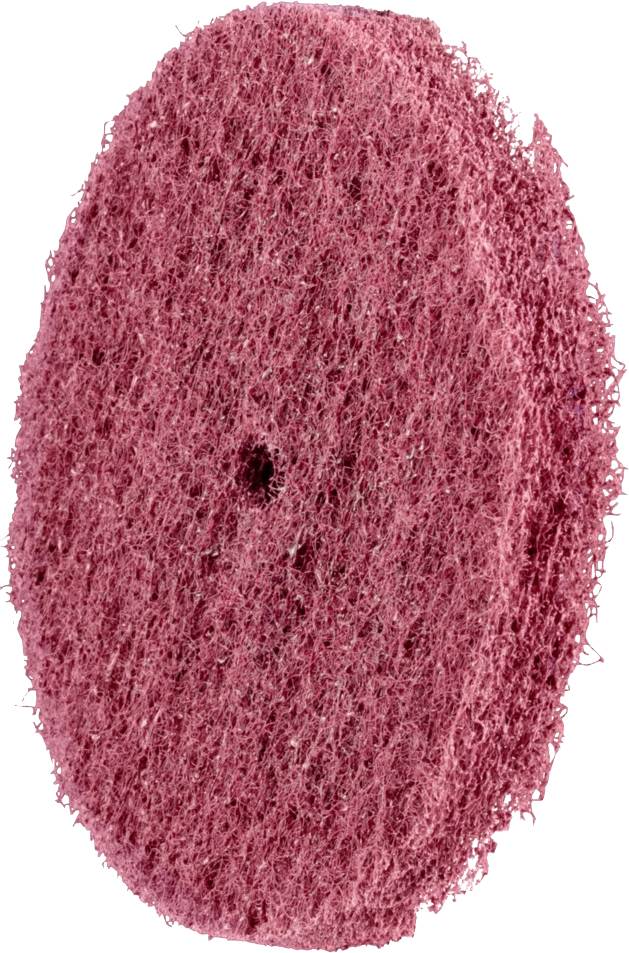 Une éponge ovale rouge à récurer, avec une texture duveteuse et rugueuse.
