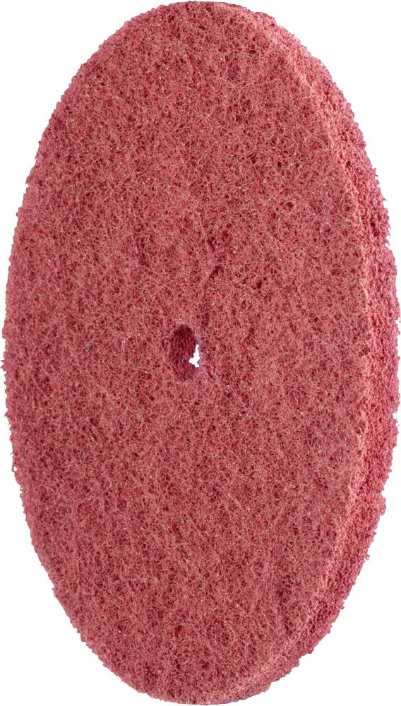 Disque rouge, rond et abrasif, fait d'un matériau fibreux, avec un trou au centre.