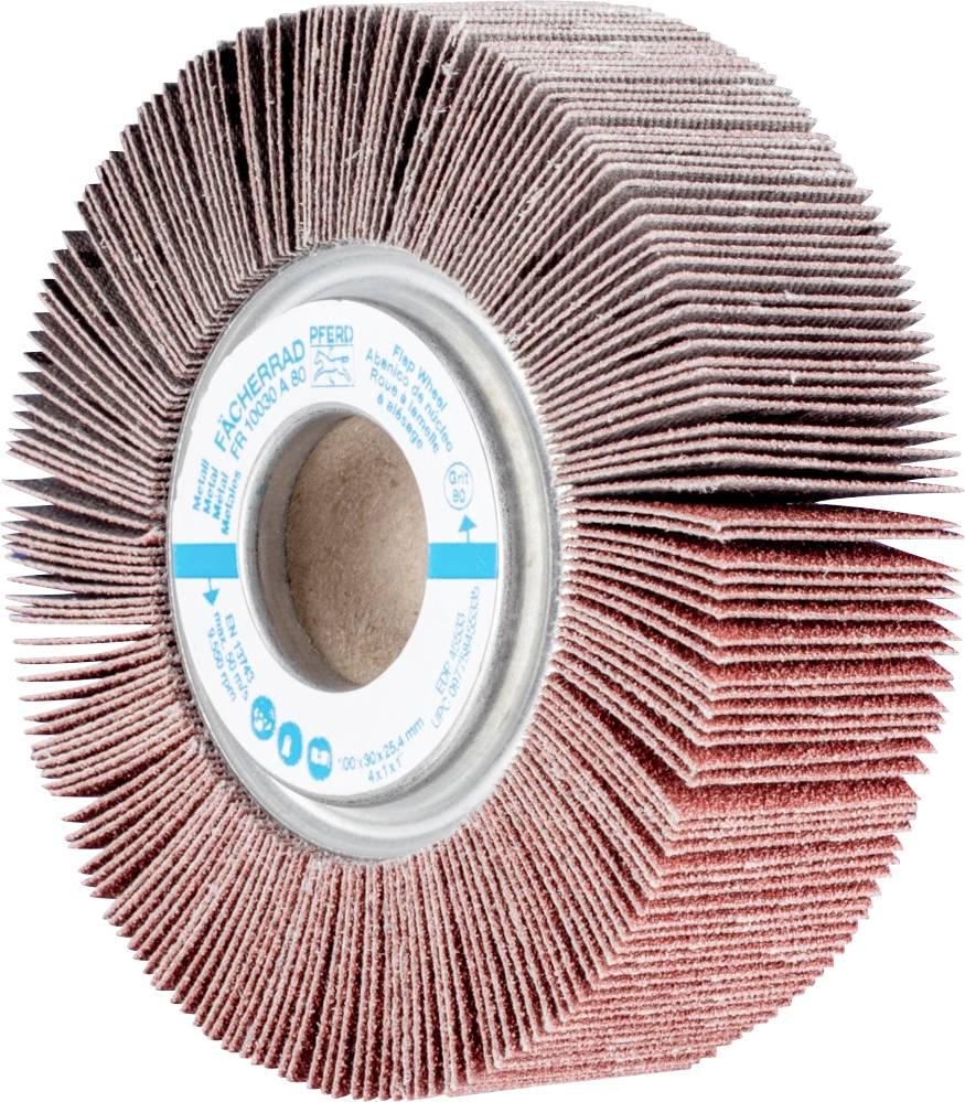 Outil de meulage : Une roue abrasive en éventail de couleur brun-rouge avec plusieurs couches, noyau métallique central avec inscriptions. Outil destiné aux travaux de finition et de polissage.