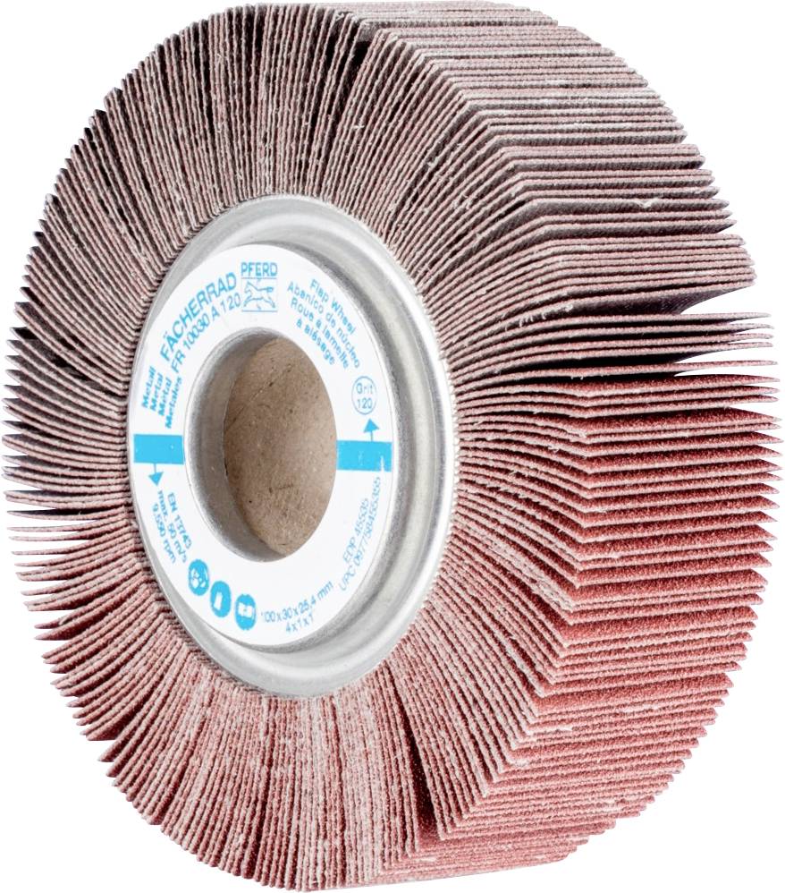 Outil de meulage avec une tête abrasive à lamelles et un bouclier central bleu. Utilisé pour lisser les surfaces.