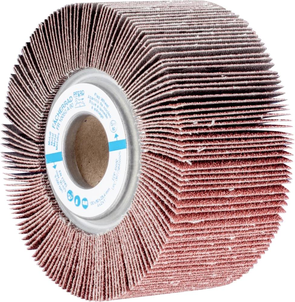 Outil de meulage à lamelles, rond, brun-rouge, monté sur un noyau en plastique. Utilisé pour le traitement de surface et le polissage des métaux.