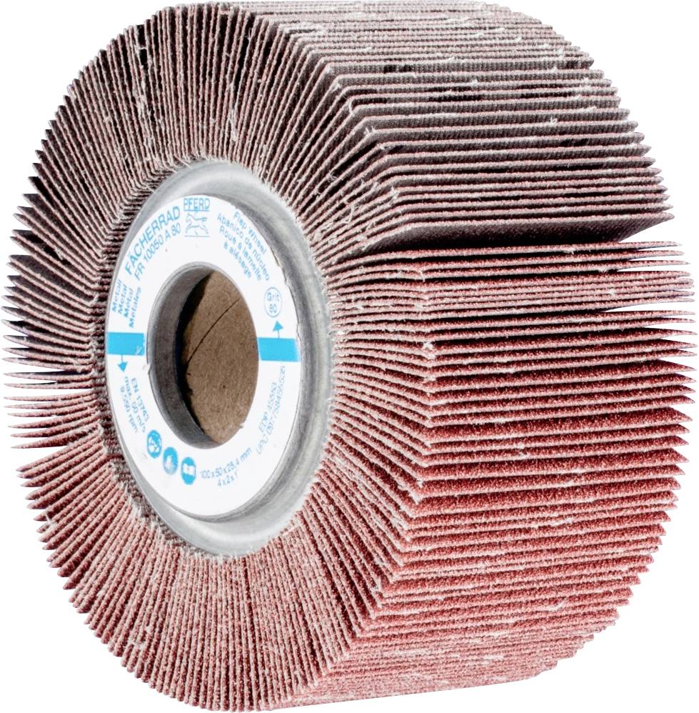 Roue de toile abrasive montée sur un noyau, disposée radialement. Utilisée pour le traitement de surface et le polissage fin de matériaux.