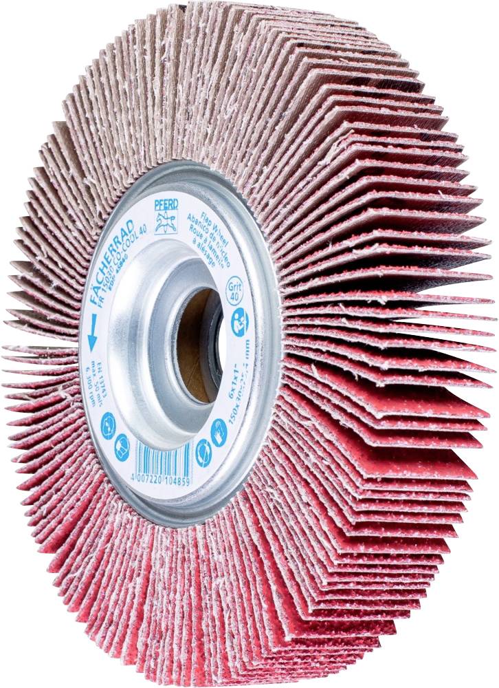 Disque à lamelles abrasives avec lamelles rouge et blanc, noyau métallique et inscription bleue sur le côté. Adapté pour le traitement de surface.