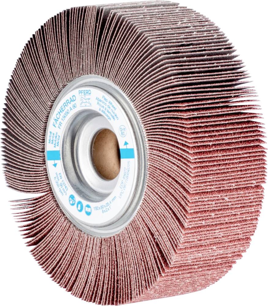 Meule à lamelles abrasives avec des lamelles densément disposées pour une finition de surface métallique précise et uniforme.