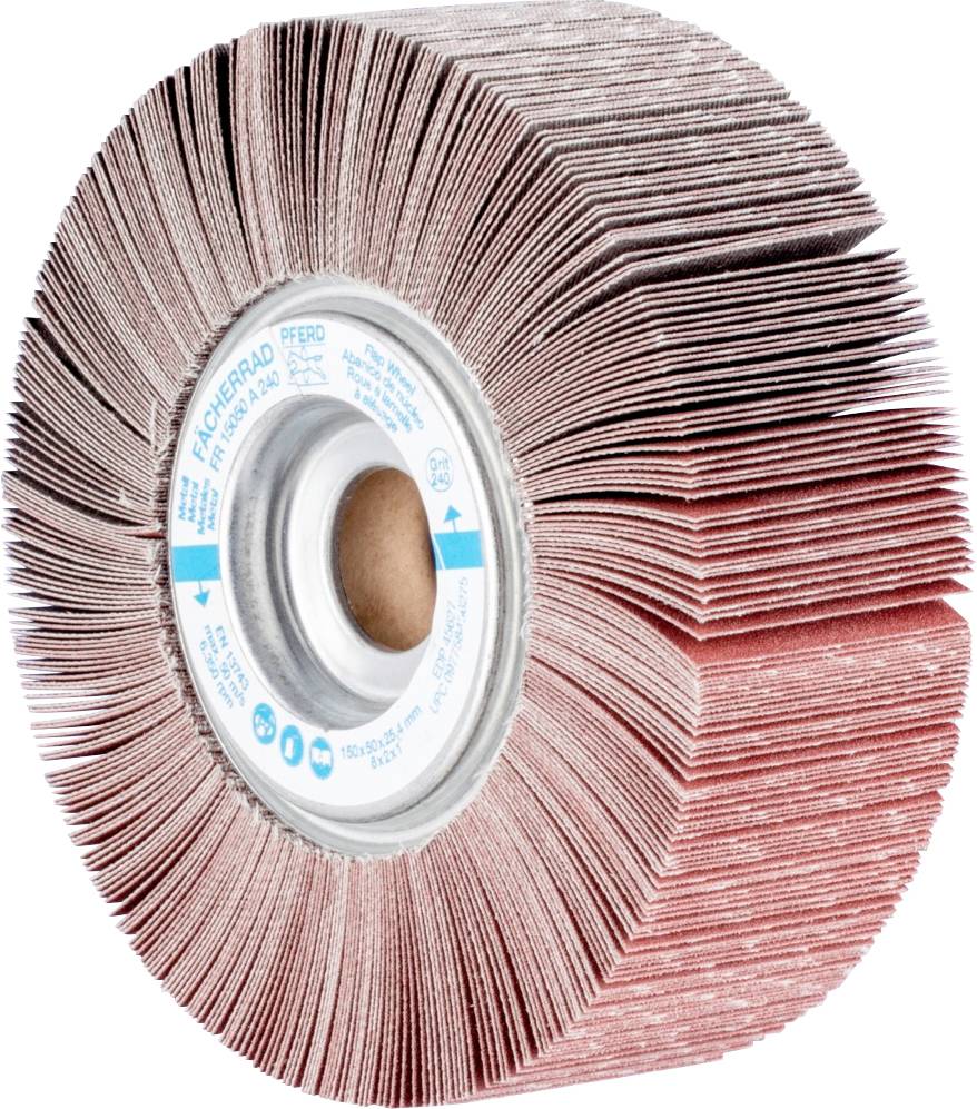 Un pad de polissage en gros plan. Les lamelles de ponçage plates sont disposées uniformément autour d'un disque métallique central.