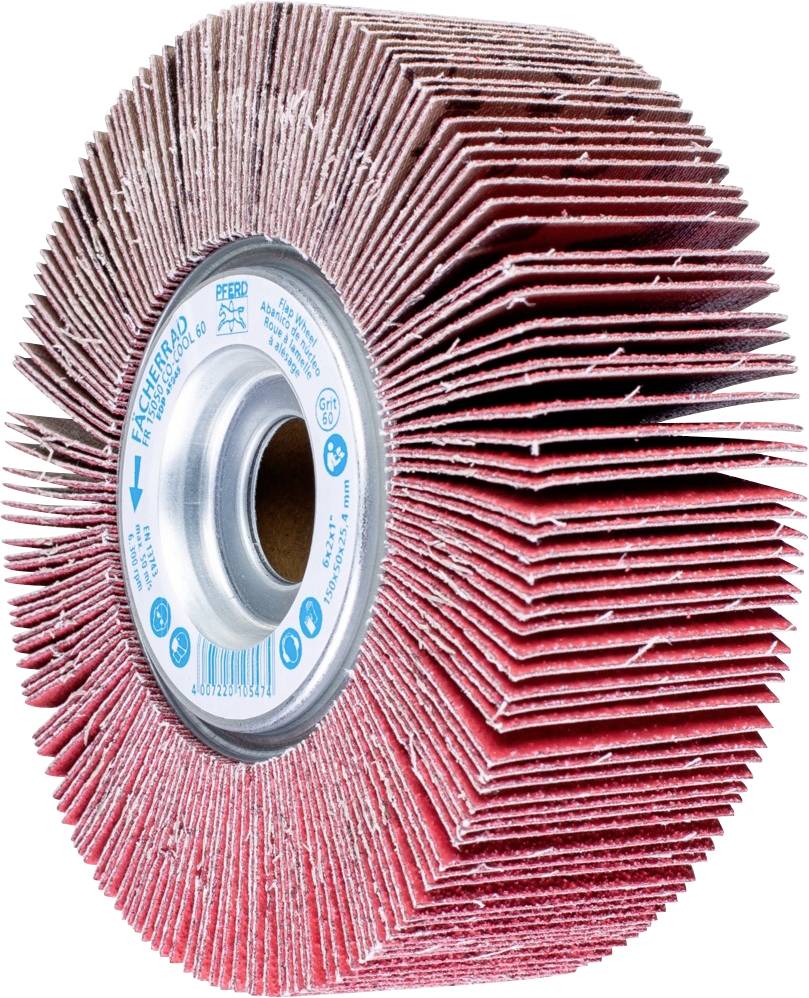 Roue de meulage avec des lamelles rouges sur un support métallique circulaire, utilisée pour le traitement de surface et le polissage de matériaux.