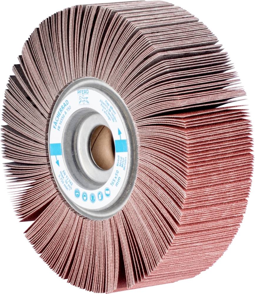 Disque abrasif avec des lamelles de papier de verre pliées disposées radialement sur une base cylindrique en métal.
