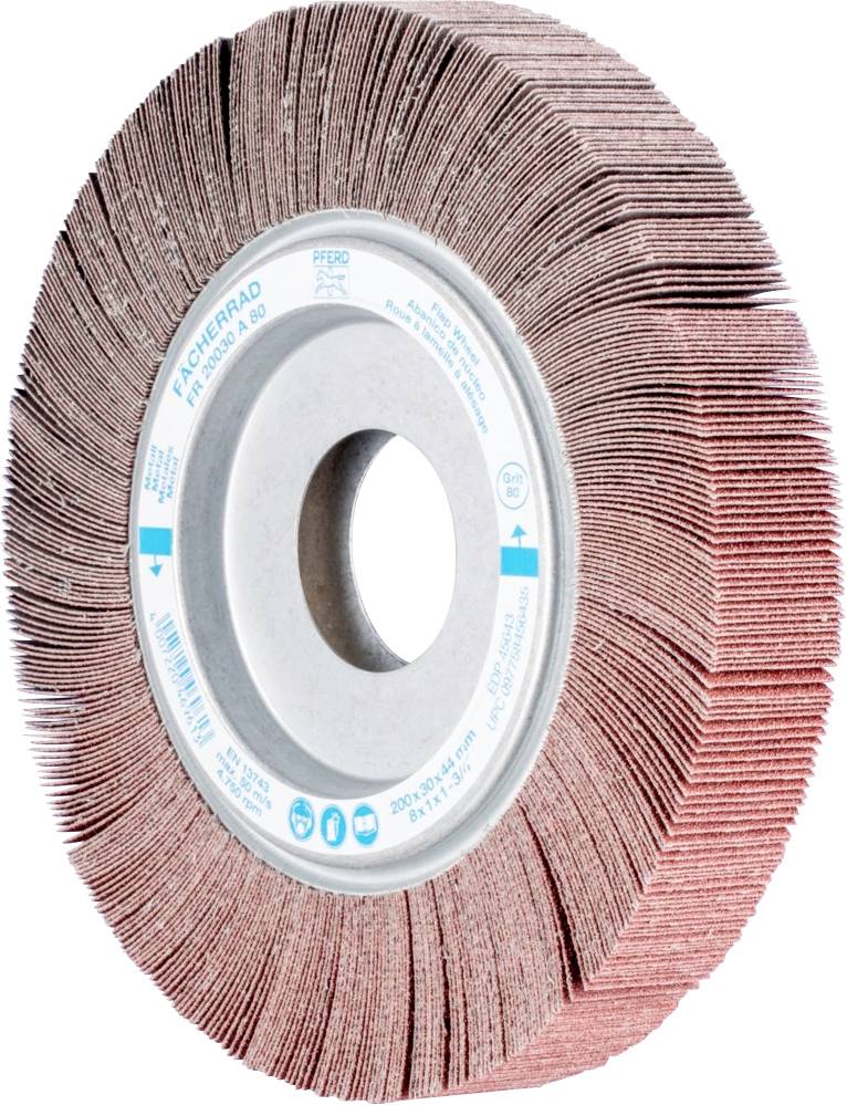 Une meule abrasive rouge-brune avec plusieurs couches fines, de forme cylindrique et pourvue d'un trou central de fixation.