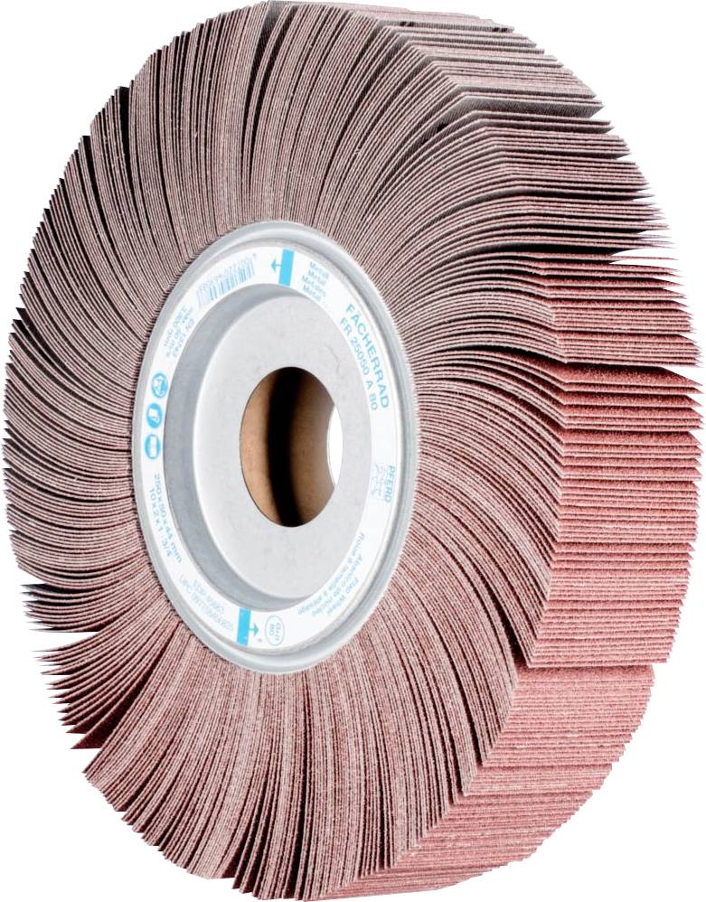 Une meule abrasive avec des bandes abrasives disposées radialement autour du centre. Elle est utilisée pour le traitement de surface.