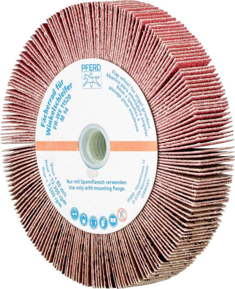 Disque abrasif avec lamelles rouges, noyau central en plastique rond. Impression avec consignes de sécurité et informations du fabricant.