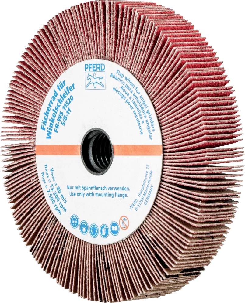 Disque de meulage à lamelles rondes ; couleur rouge ; inscription 'PFERD' et instructions pour une utilisation sécurisée ; anneau central en métal.