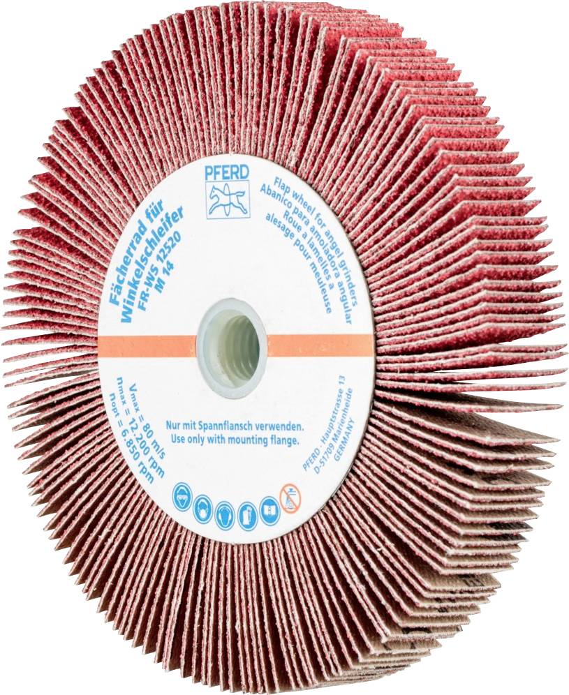 Disque abrasif rouge pour meuleuse d'angle de la marque 'PFERD' avec inscription et symbole. À utiliser uniquement avec la bride de serrage.