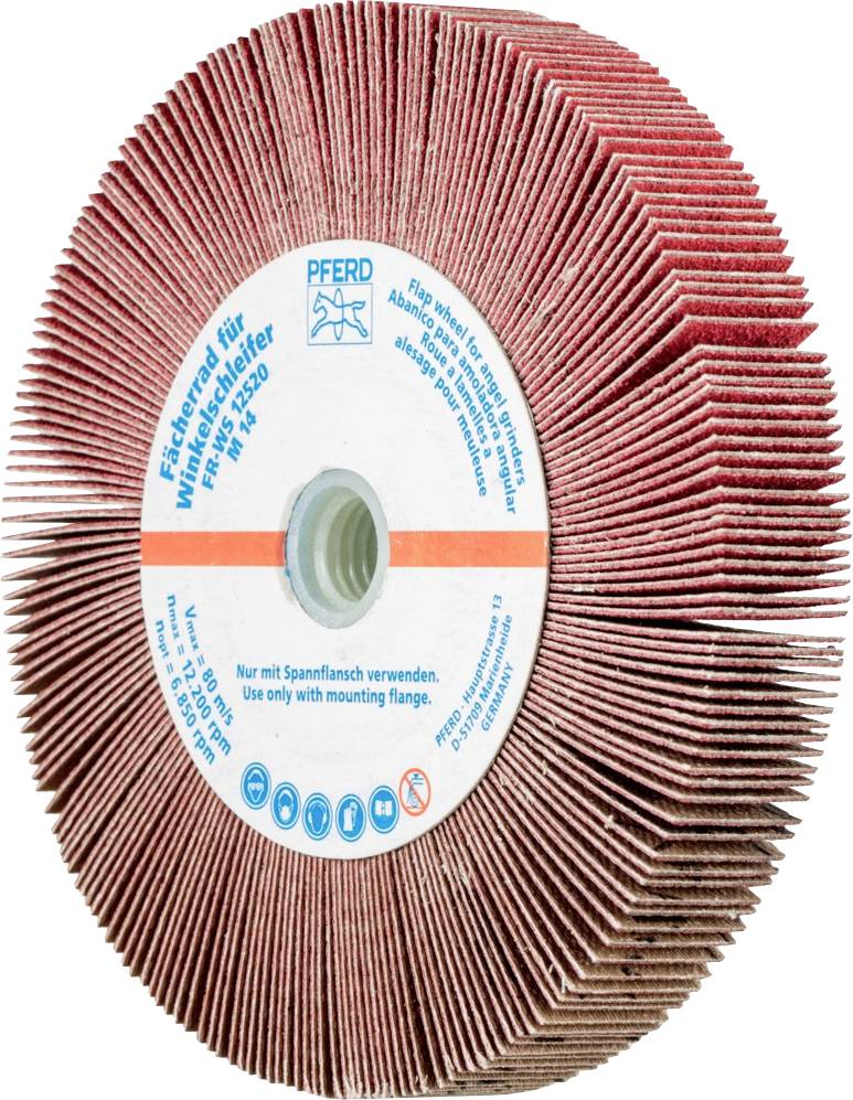 Disque abrasif avec feutre de ponçage rouge, trou central, avec étiquette blanche portant le logo 'Pferd' et l'indication d'utilisation : 'À utiliser uniquement avec une bride de serrage'.