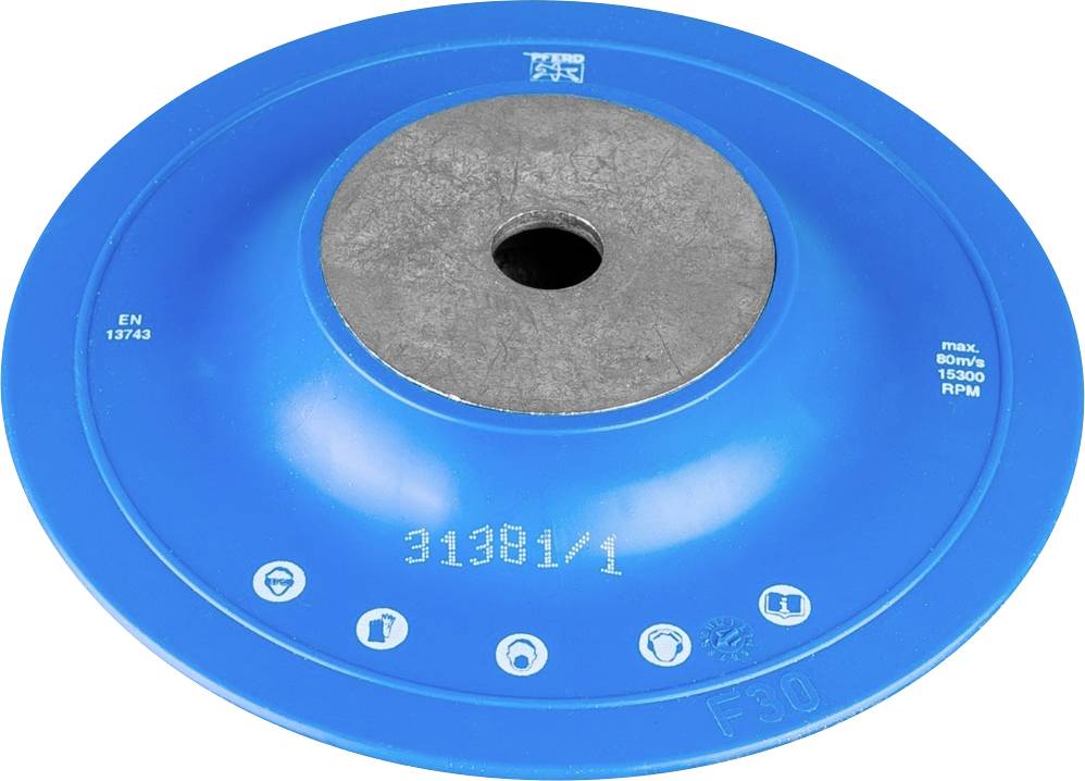Disque de ponçage bleu avec centre gris, sur lequel sont inscrits '31381/1', le numéro EN et les symboles d'avertissement de sécurité et de vitesse maximale.