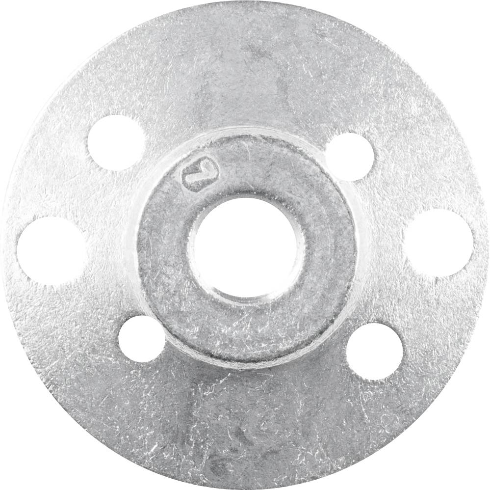 Une pièce métallique ronde en argent avec un trou central et cinq petits trous répartis de manière uniforme.