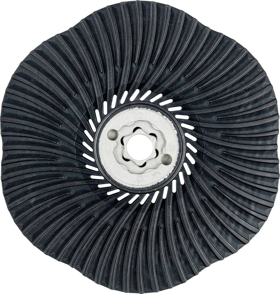 Un disque de meulage rotatif à design spiralé et dispositif de fixation centrale, utilisé pour le ponçage de surfaces.