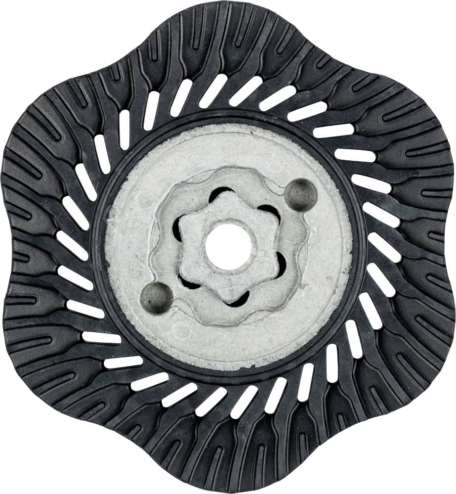 Un disque métallique rond avec un bord texturé et des motifs radiaux. Trou central avec des détails environnants, objet technique.