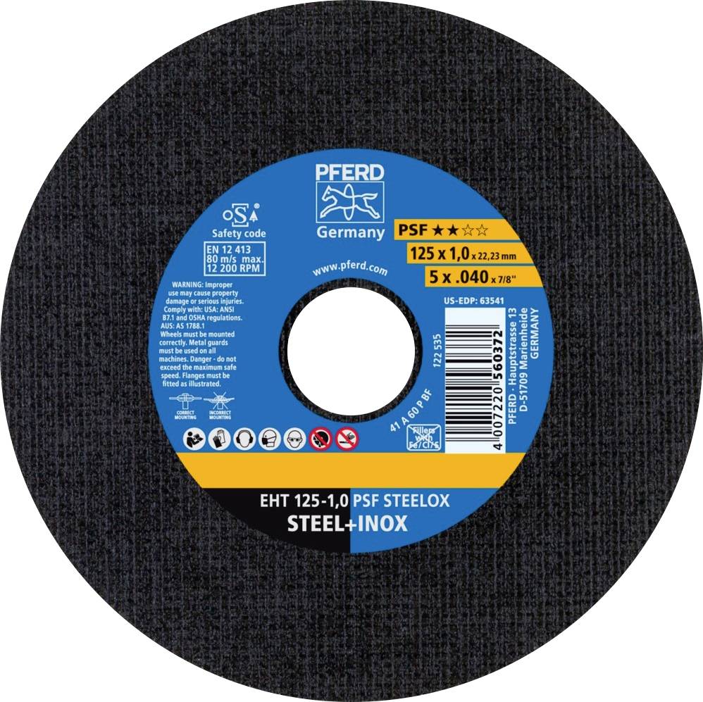 Disque à meuler de la marque PFERD, modèle PSF Steelox, diamètre 125 mm, adapté pour l'acier et l'inox, vitesse de rotation jusqu'à 12 200 tr/min.