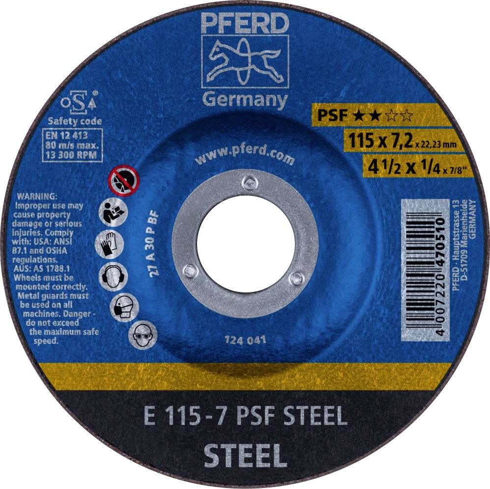 Disque à tronçonner pour acier, marque PFERD, 115 x 7,2 mm, deux étoiles PSF, informations de sécurité et avertissements inclus.