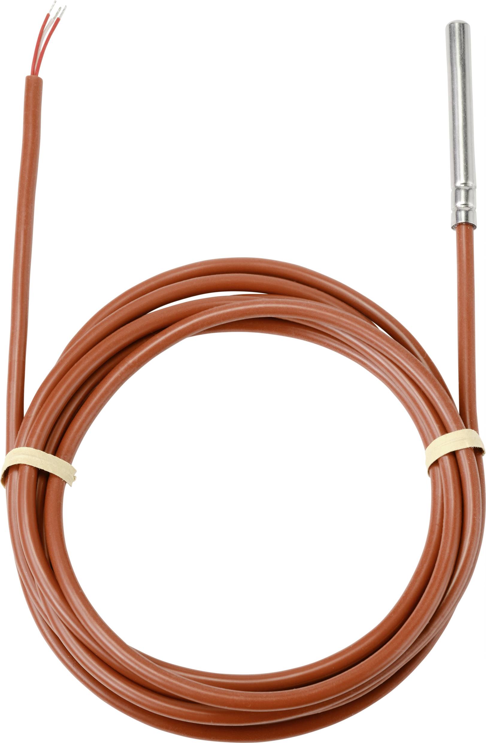 Long câble rouge avec pointe métallique, probablement un capteur de capteur ou un élément de température, enroulé et fixé avec un élastique.