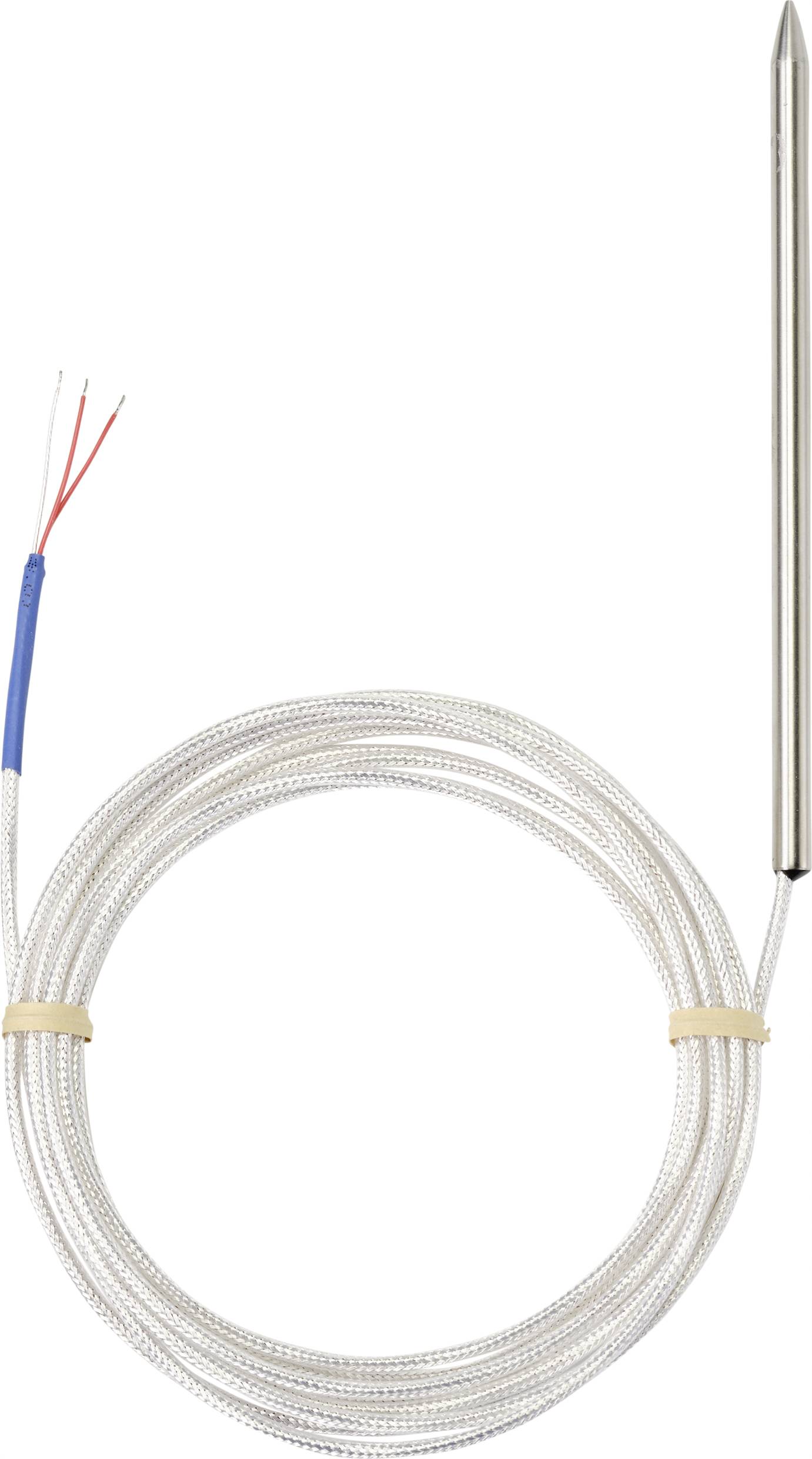 Sonde métallique avec un long câble et des fils apparents, adaptée aux mesures de température dans des applications techniques ou scientifiques.