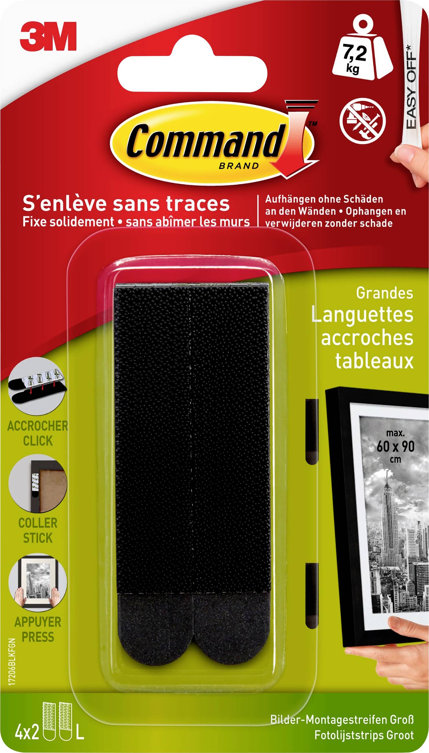 Bandes de montage Command 3M 4x2 pour grandes images, permet un accrochage sans dommage jusqu'à 7,2 kg, amovibles sans laisser de traces.