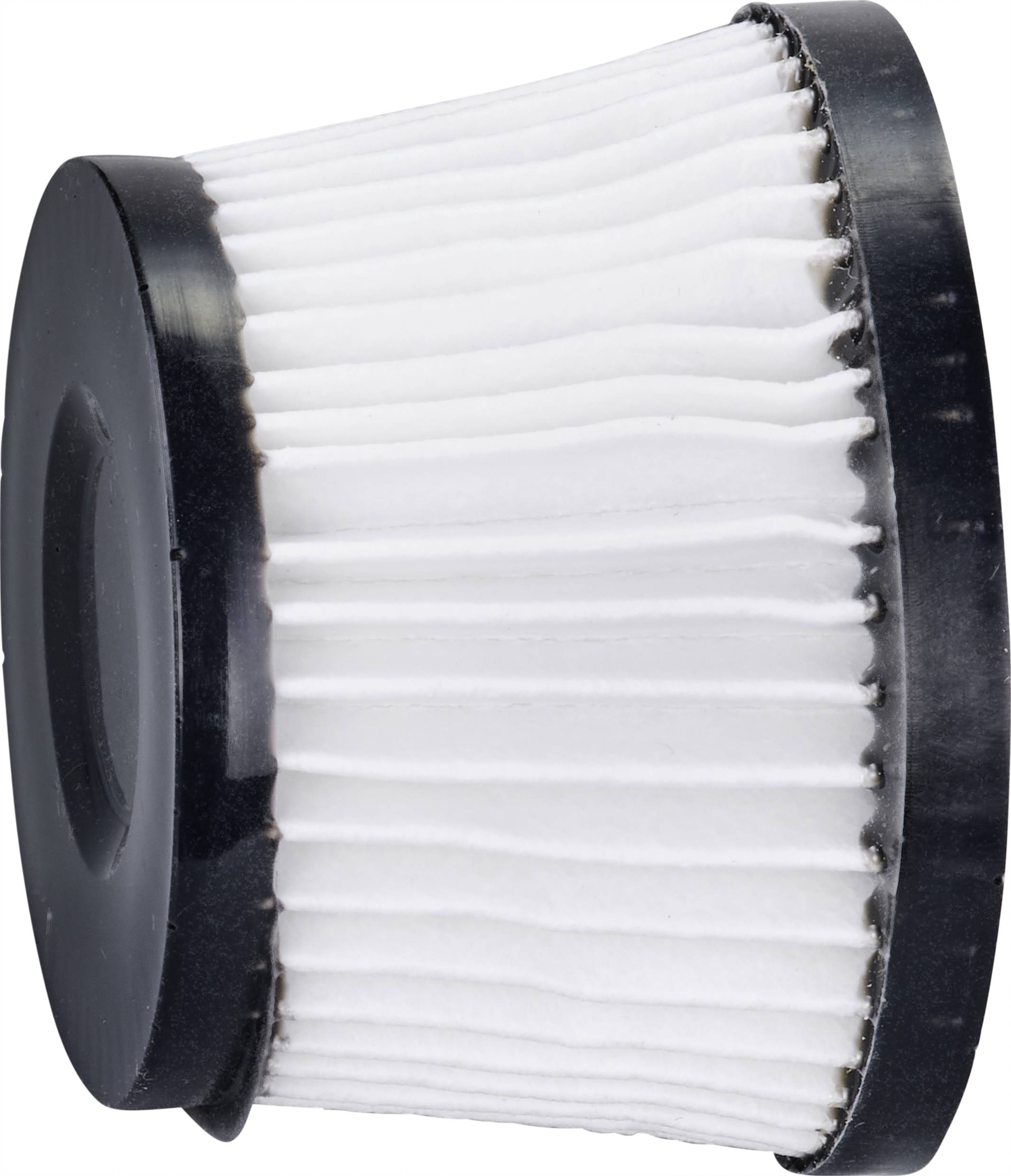 Un filtre à air cylindrique blanc avec des bords noirs. Le filtre a une structure en papier plissée et est utilisé pour purifier l'air.